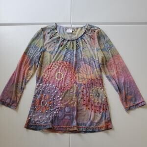 Y2K Whimsigoth Fairy Grunge Shirt Large Rainbow Sheer Floral Beaded Sequin